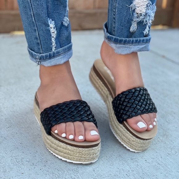 Black Braided One Band Platform Slip On Sandal - Picture 3 of 9